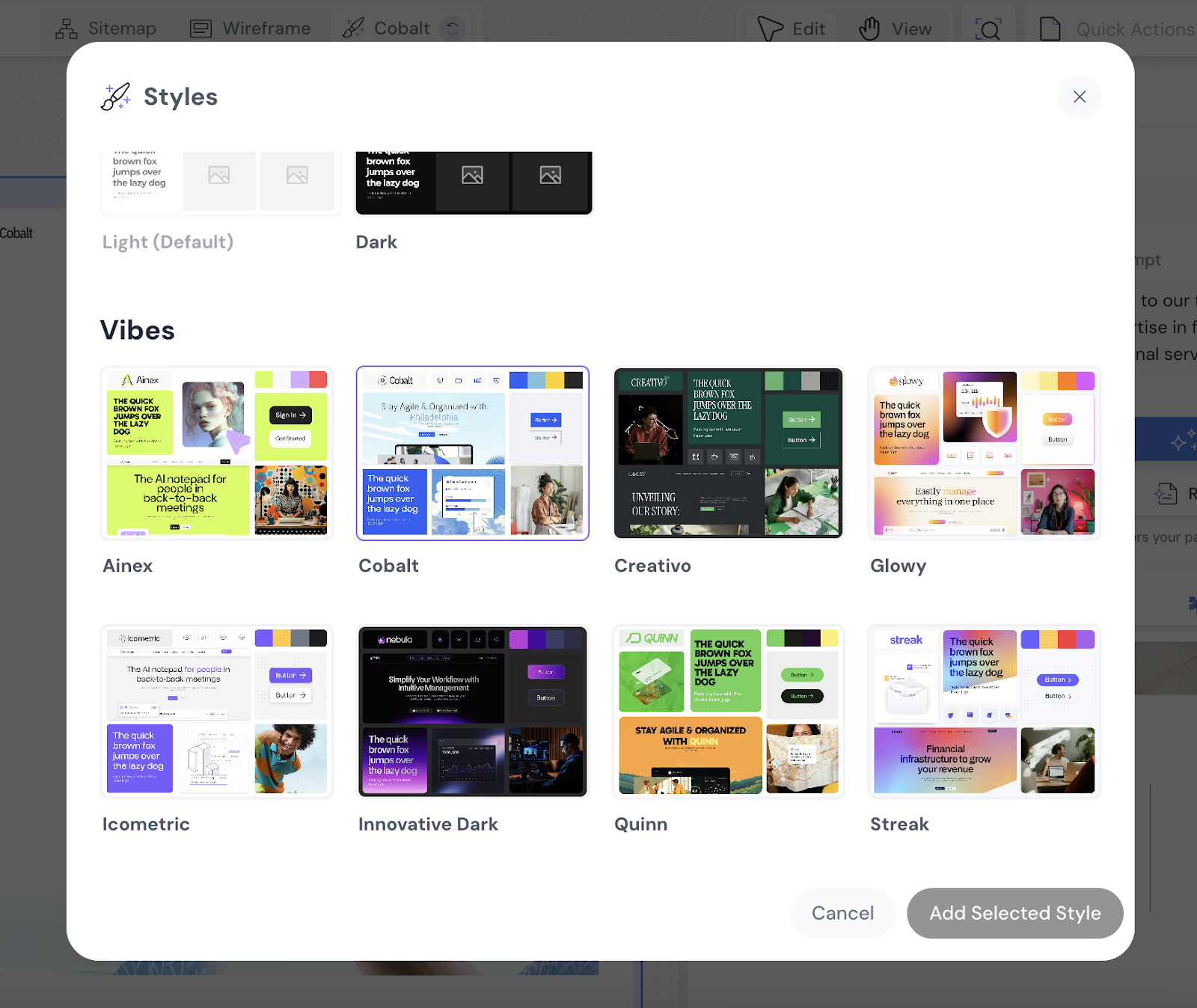 Modulify style selection menu showing light and dark themes and a grid of colorful design vibes like Ainex, Cobalt, Creativo, and Glowy.